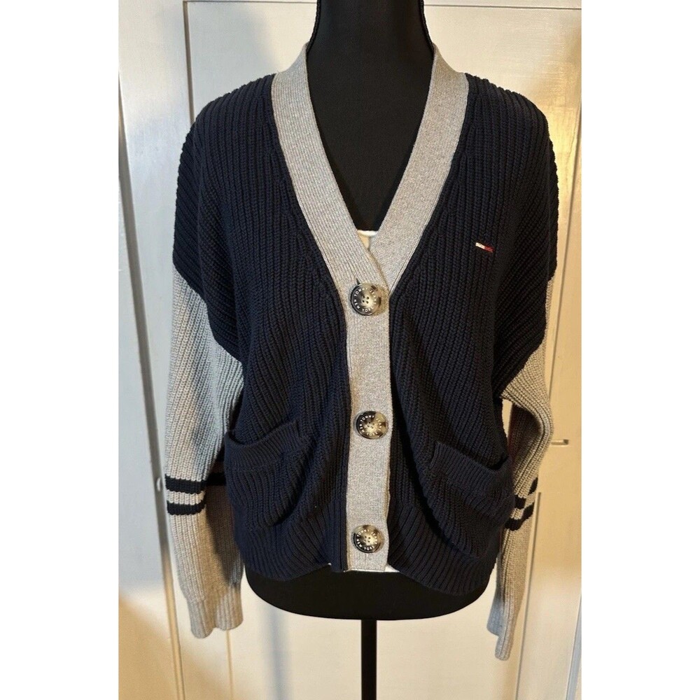 🖤Tommy Jeans Y2K Preppy Cropped Cardigan Women’s L Black Gray Red Button Sweater